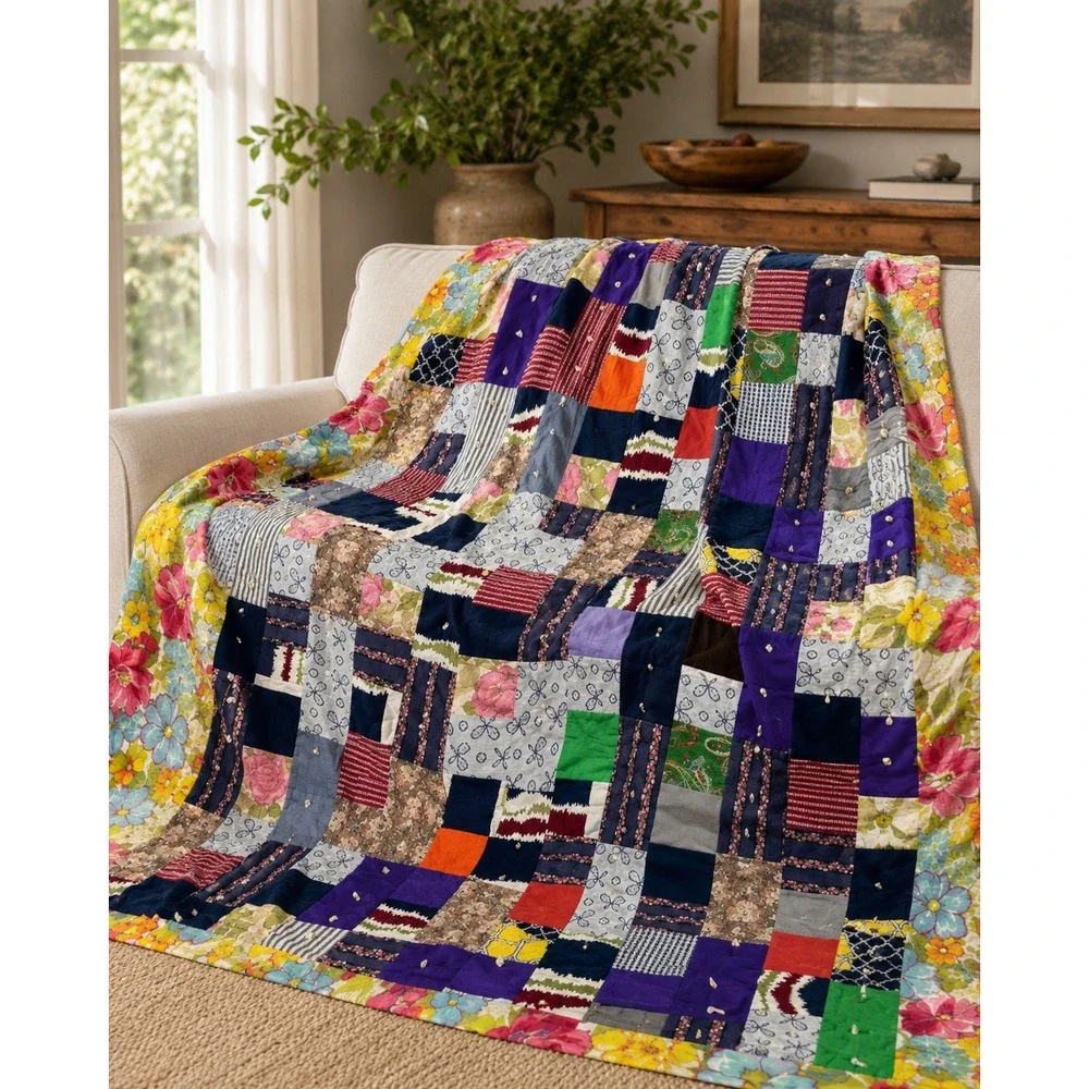 Handmade Reversible Patchwork Quilt Floral‎ Cottagecore Full Queen Topper 80x84